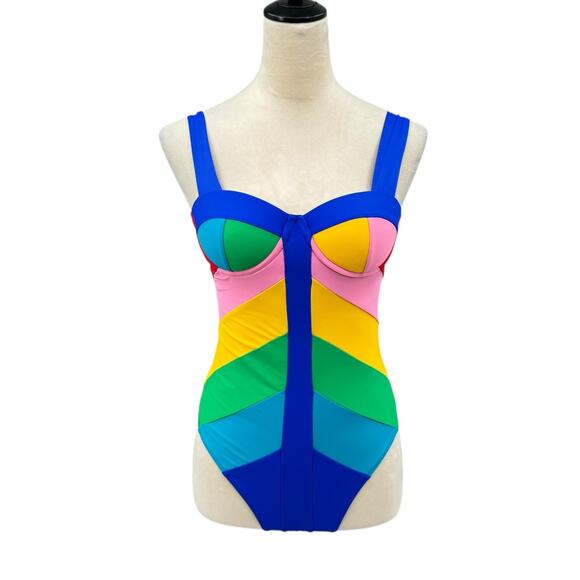 Paper London NWT LangKawi Bold Rainbow Colorblock One Piece Underwire Swimsuit - Picture 1 of 16